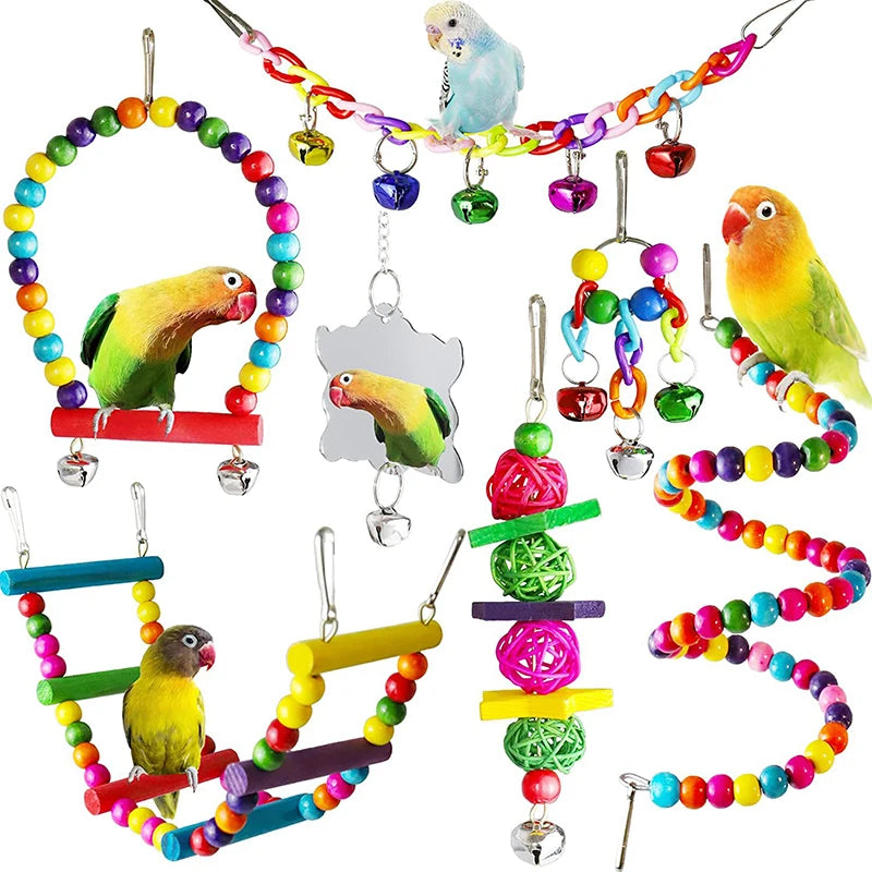 7pcs Pack Wood Parrot Toys Bird Toy Cage Bird Accessories