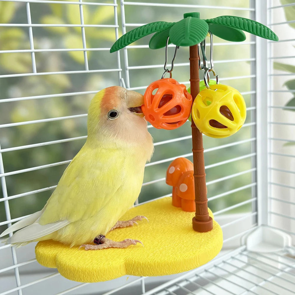 Tropical Bird Perch Platform Bell Ball Palm Tree Interactive Toy