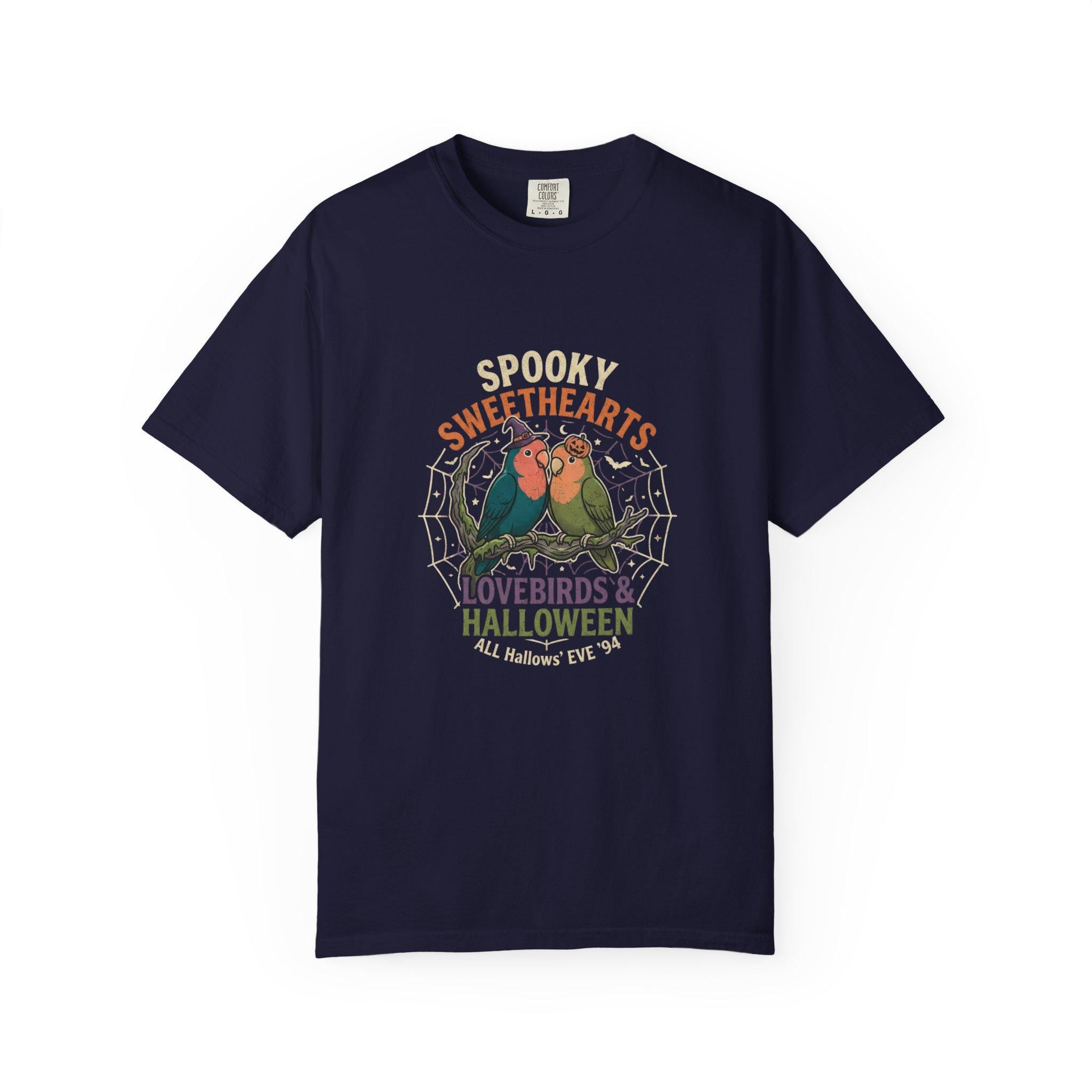Spooky Lovebirds Halloween T-Shirt, Cute Parrot Lover Gift, Lovebird Ghost Spiderweb Shirt, Couples Halloween Costume, Bird Mom Fall Tee
