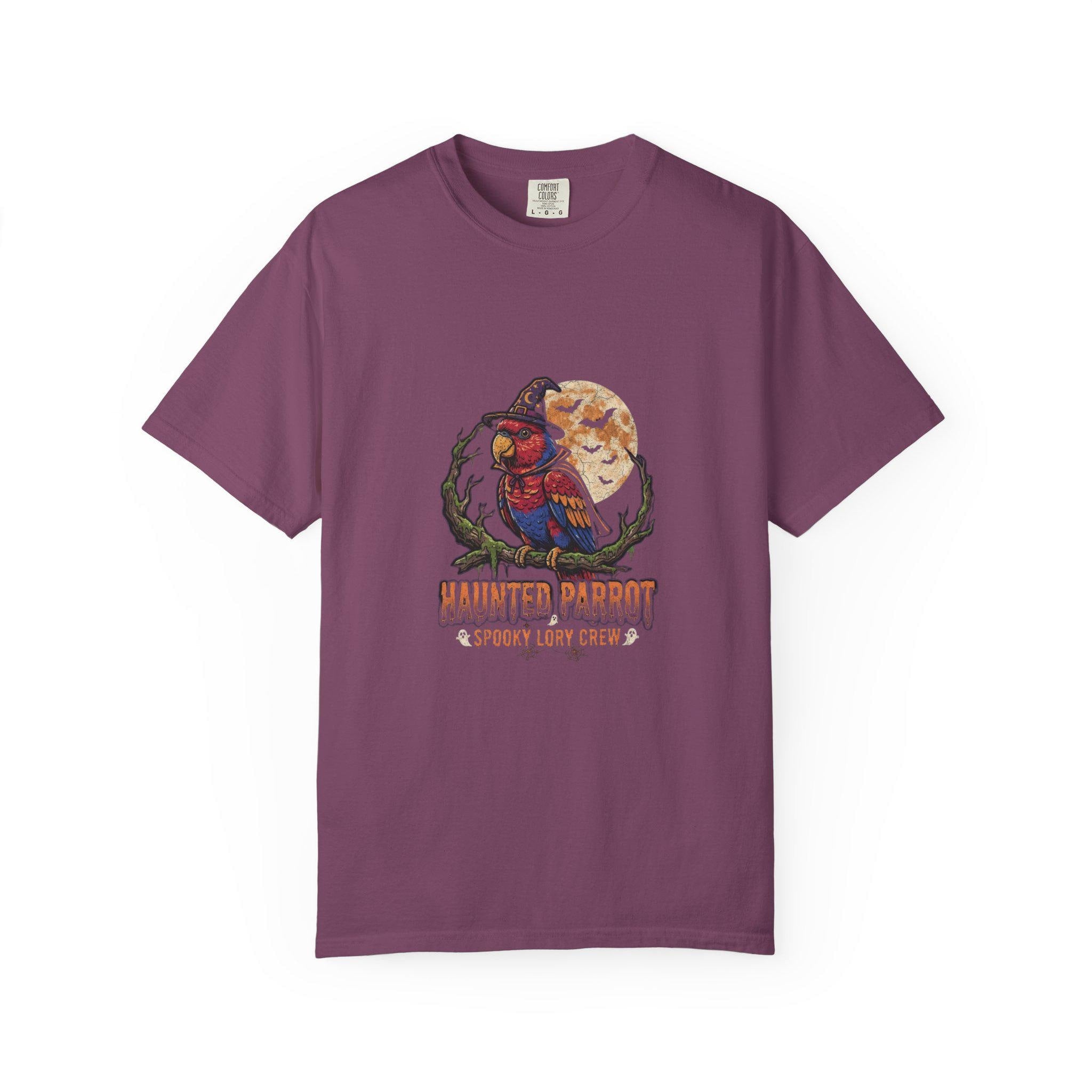 Haunted Lory Parrot Halloween T-Shirt, Spooky Lory Crew Gift, Cute Witch Hat Parrot Costume, Bird Mom Fall Graphic Tee, Gothic Bird Lover