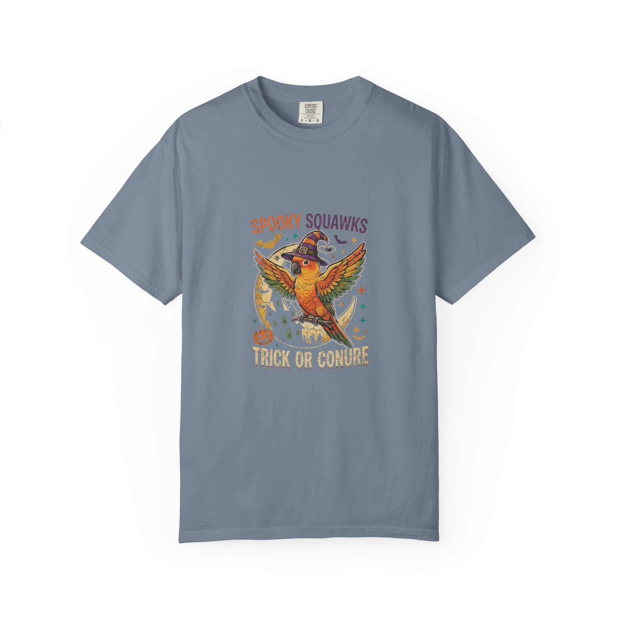Sun Conure Halloween T-Shirt, Spooky Squawks Bird Lover Gift, Trick Or Conure Graphic, Funny Witch Hat Parrot Tee, Bird Mom Fall Outfit