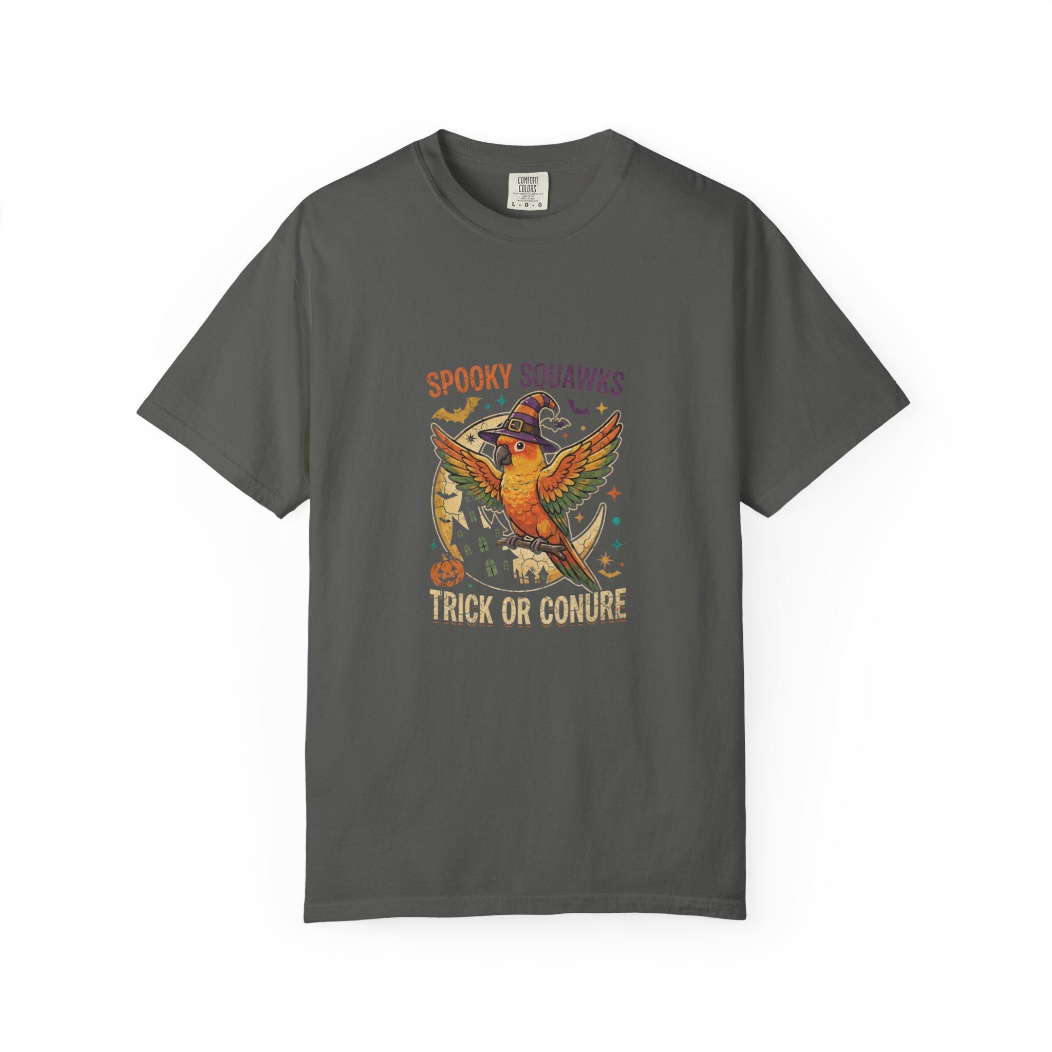 Sun Conure Halloween T-Shirt, Spooky Squawks Bird Lover Gift, Trick Or Conure Graphic, Funny Witch Hat Parrot Tee, Bird Mom Fall Outfit