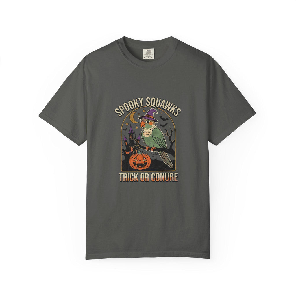 Green Cheeked Conure Halloween T-Shirt, Spooky Squawks Bird Lover Gift, Cute Witch Hat Parrot Costume, Funny Bird Mom Fall Graphic Tee