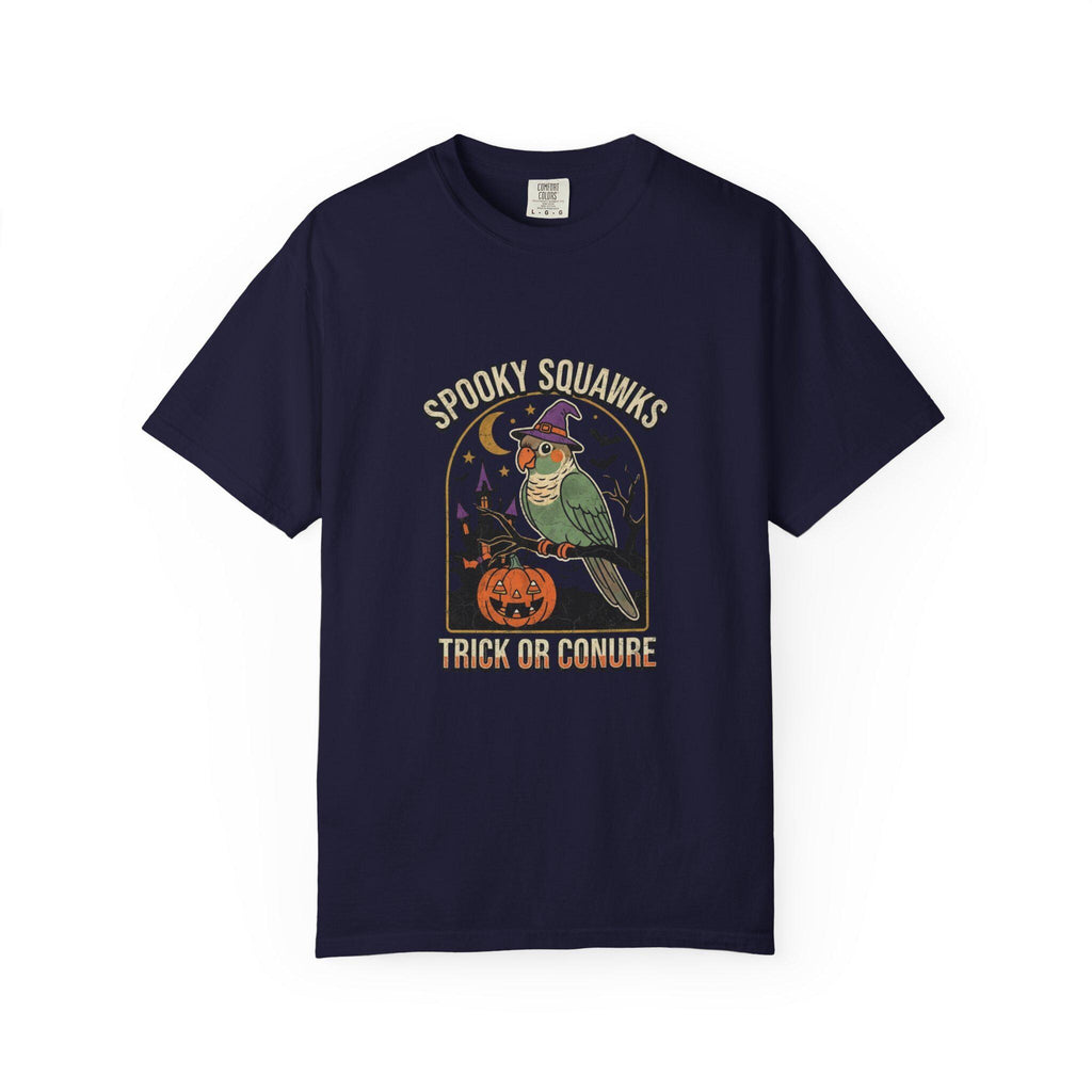 Green Cheeked Conure Halloween T-Shirt, Spooky Squawks Bird Lover Gift, Cute Witch Hat Parrot Costume, Funny Bird Mom Fall Graphic Tee