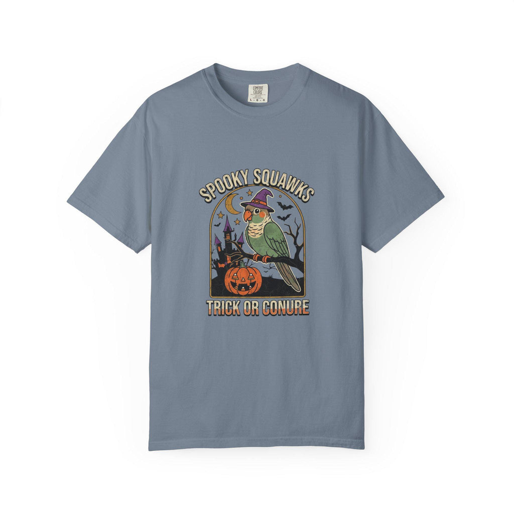 Green Cheeked Conure Halloween T-Shirt, Spooky Squawks Bird Lover Gift, Cute Witch Hat Parrot Costume, Funny Bird Mom Fall Graphic Tee