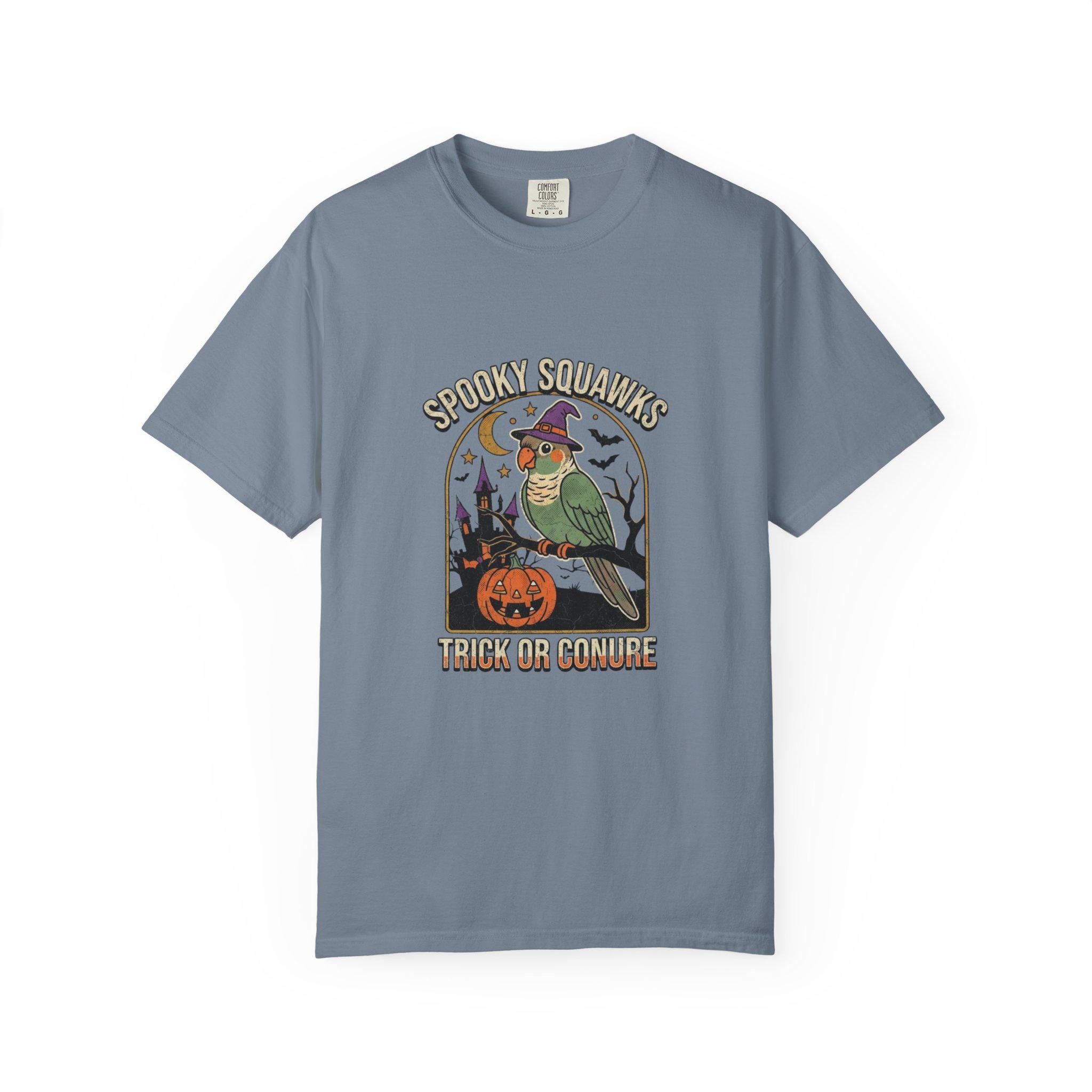 Green Cheeked Conure Halloween T-Shirt, Spooky Squawks Bird Lover Gift, Cute Witch Hat Parrot Costume, Funny Bird Mom Fall Graphic Tee