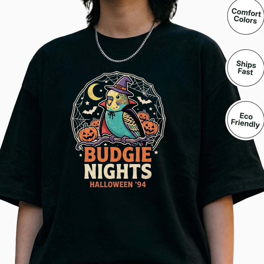 Budgie Halloween Shirt, Funny Parakeet Spooky Night Tee, Cute Budgerigar Witch Hat Costume, Bird Lover Gift, Autumn Spooky Season Apparel