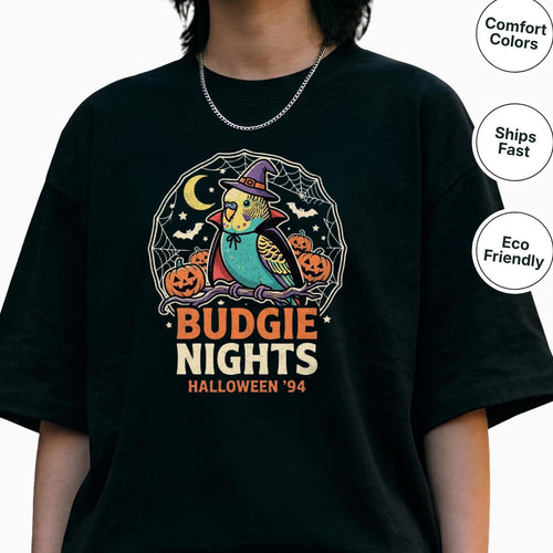Budgie Halloween Shirt, Funny Parakeet Spooky Night Tee, Cute Budgerigar Witch Hat Costume, Bird Lover Gift, Autumn Spooky Season Apparel