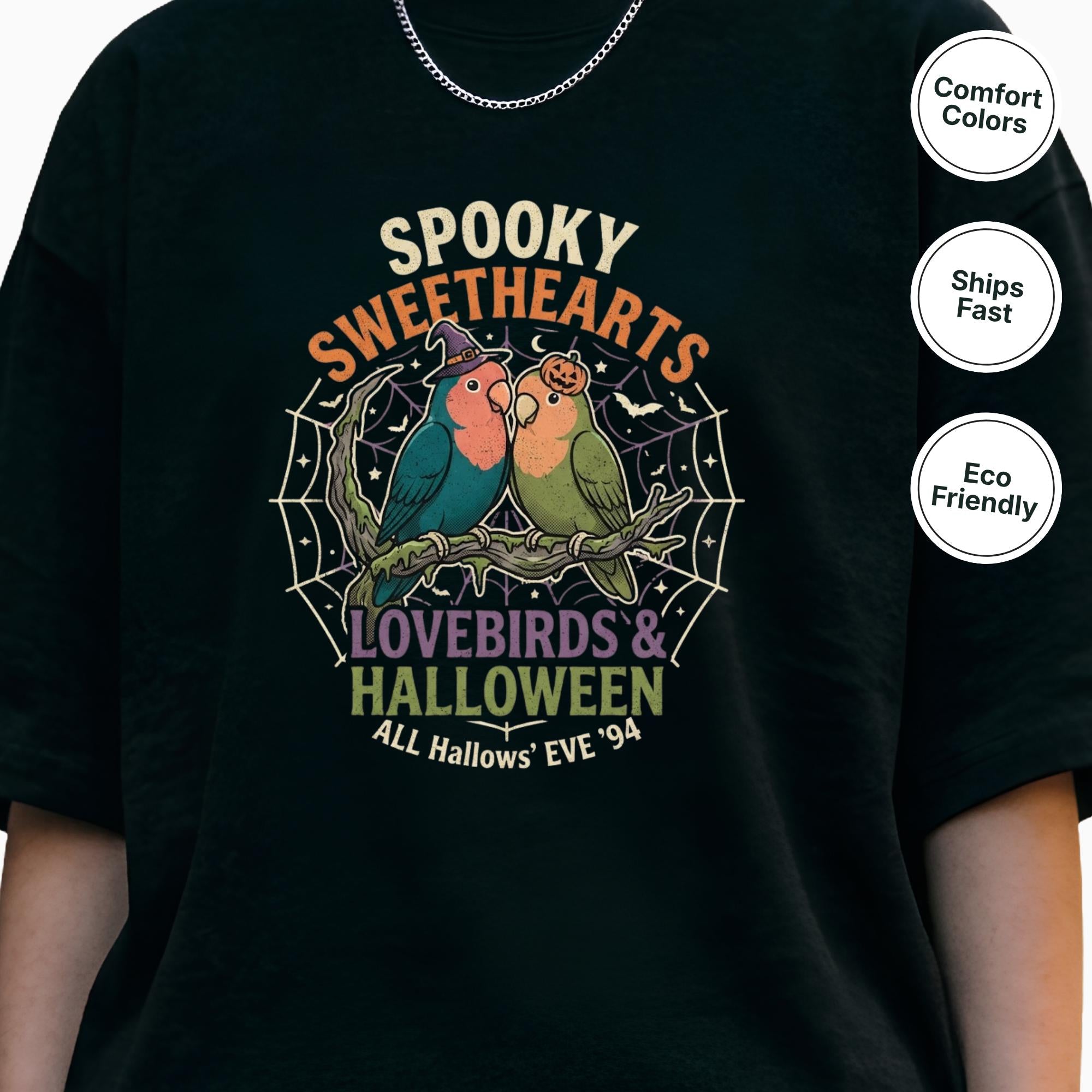 Spooky Lovebirds Halloween T-Shirt, Cute Parrot Lover Gift, Lovebird Ghost Spiderweb Shirt, Couples Halloween Costume, Bird Mom Fall Tee