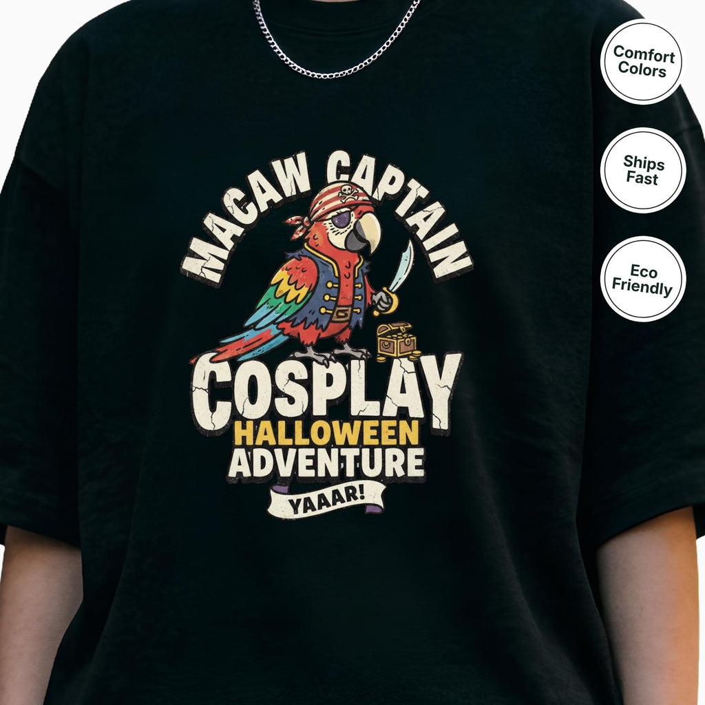 Macaw Captain Halloween T-Shirt, Funny Pirate Parrot Cosplay, Pirate Bird Lover Gift, Tropical Bird Halloween Party, Cute Macaw Fall Tee
