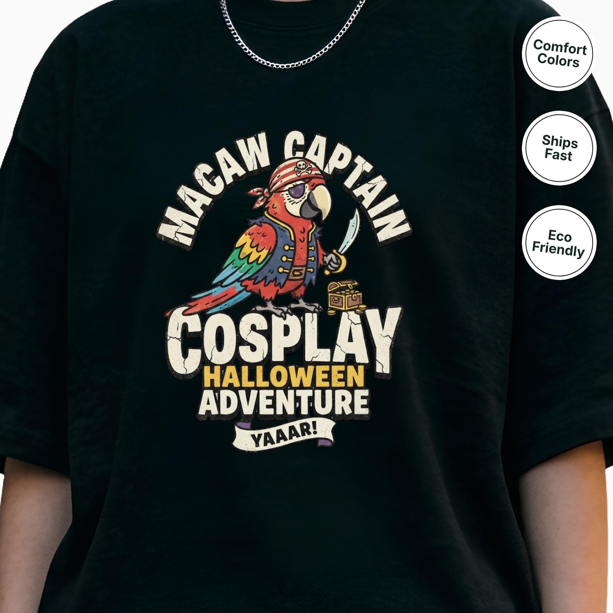 Macaw Captain Halloween T-Shirt, Funny Pirate Parrot Cosplay, Pirate Bird Lover Gift, Tropical Bird Halloween Party, Cute Macaw Fall Tee