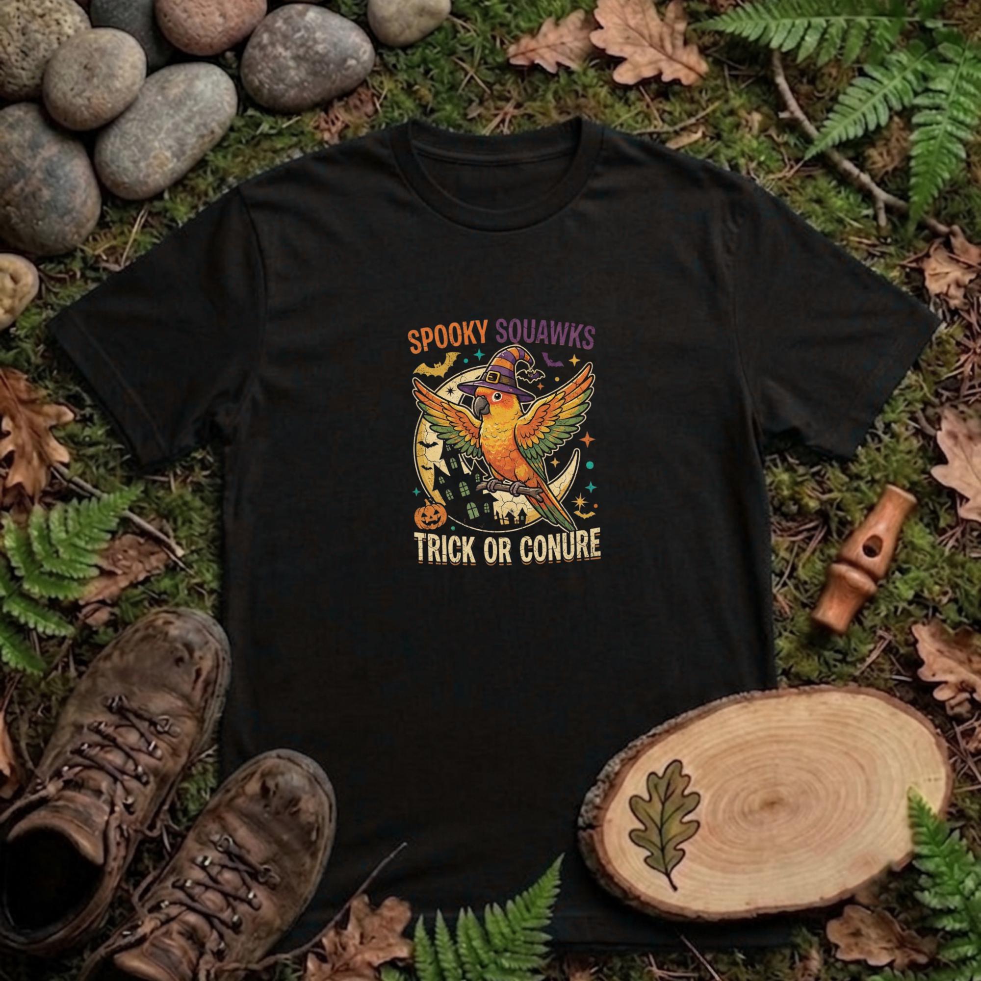 Sun Conure Halloween T-Shirt, Spooky Squawks Bird Lover Gift, Trick Or Conure Graphic, Funny Witch Hat Parrot Tee, Bird Mom Fall Outfit