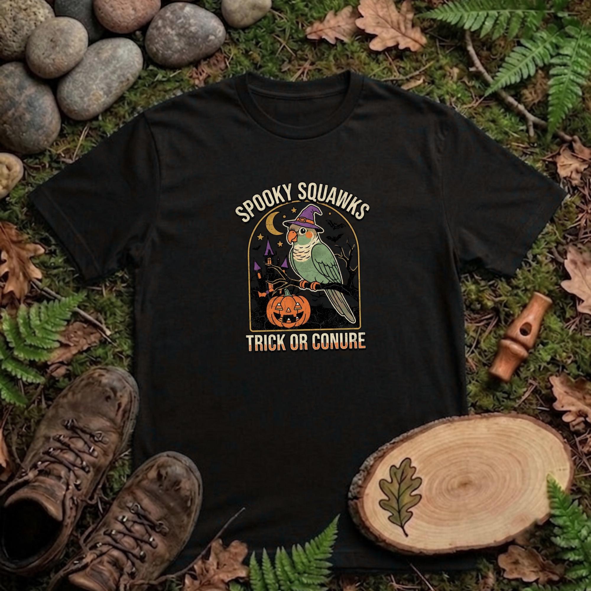 Green Cheeked Conure Halloween T-Shirt, Spooky Squawks Bird Lover Gift, Cute Witch Hat Parrot Costume, Funny Bird Mom Fall Graphic Tee