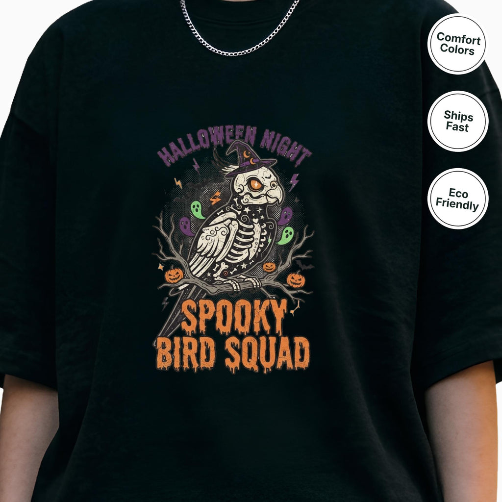 Spooky Bird Squad Halloween Shirt, Funny Skeleton Parrot Tee, Cute Bird Lover Gift, Spooky Season Graphic Tee, Halloween Party Apparel