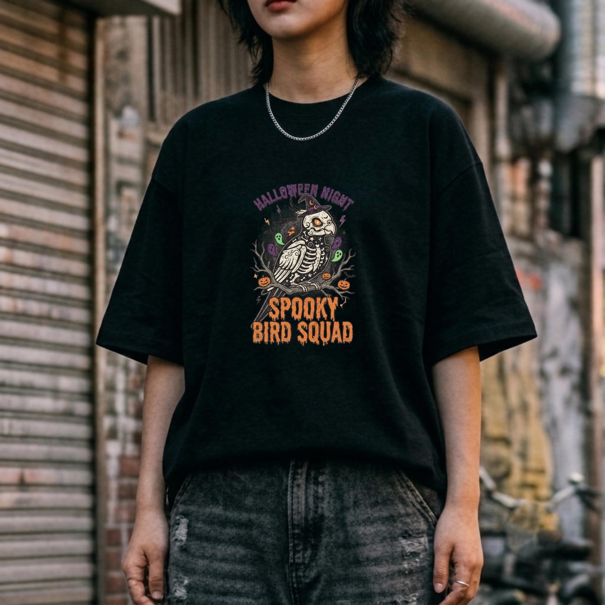 Spooky Bird Squad Halloween Shirt, Funny Skeleton Parrot Tee, Cute Bird Lover Gift, Spooky Season Graphic Tee, Halloween Party Apparel