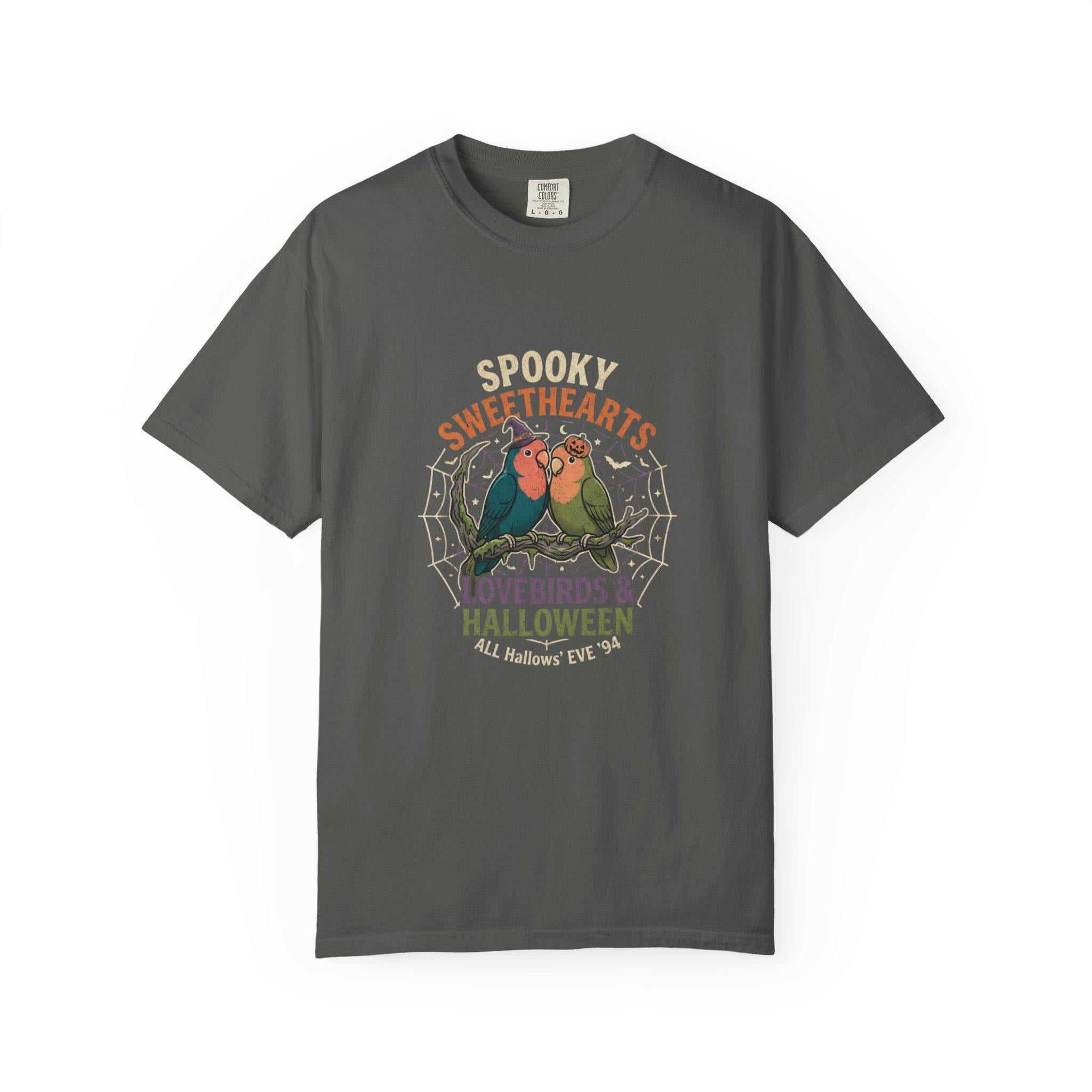 Spooky Lovebirds Halloween T-Shirt, Cute Parrot Lover Gift, Lovebird Ghost Spiderweb Shirt, Couples Halloween Costume, Bird Mom Fall Tee