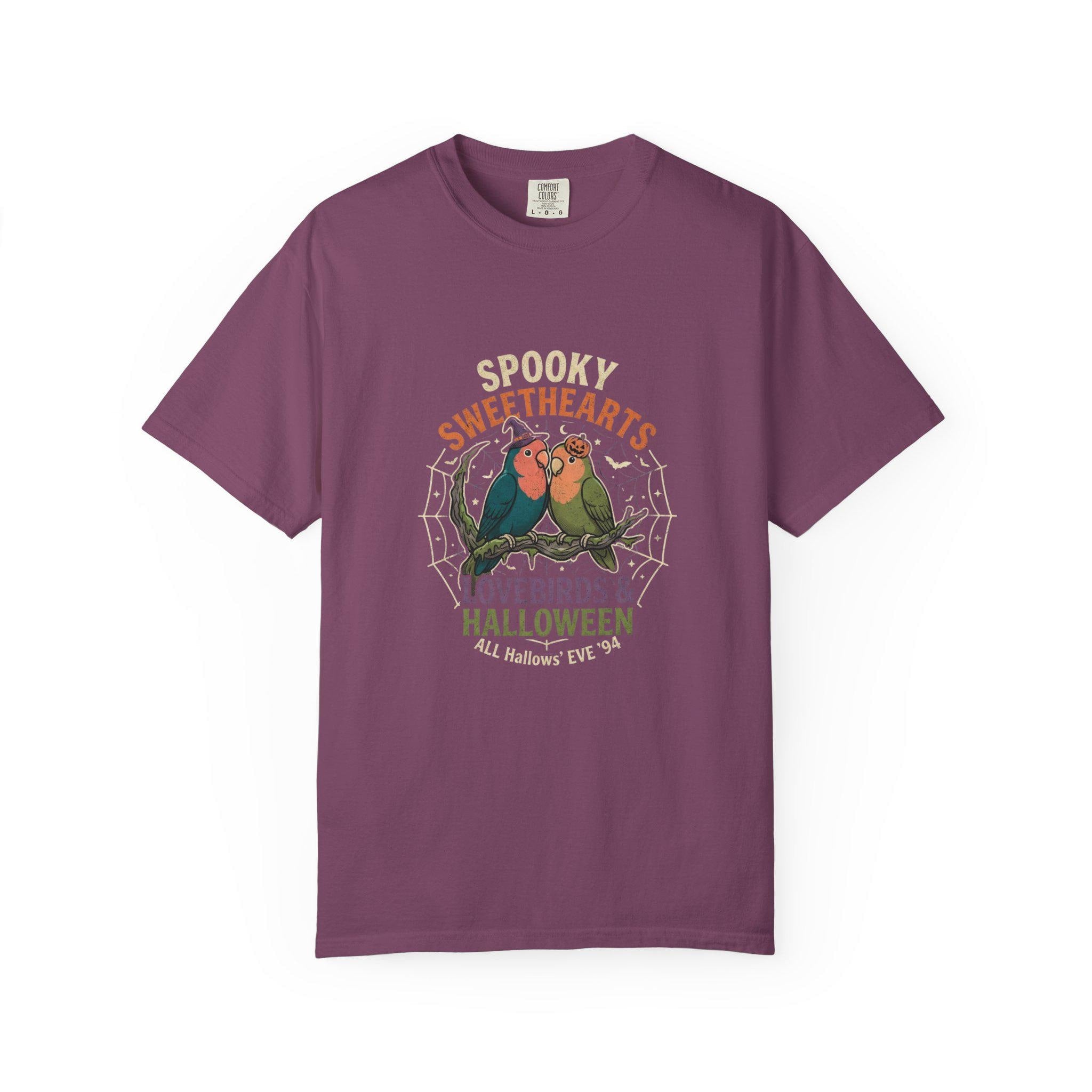 Spooky Lovebirds Halloween T-Shirt, Cute Parrot Lover Gift, Lovebird Ghost Spiderweb Shirt, Couples Halloween Costume, Bird Mom Fall Tee