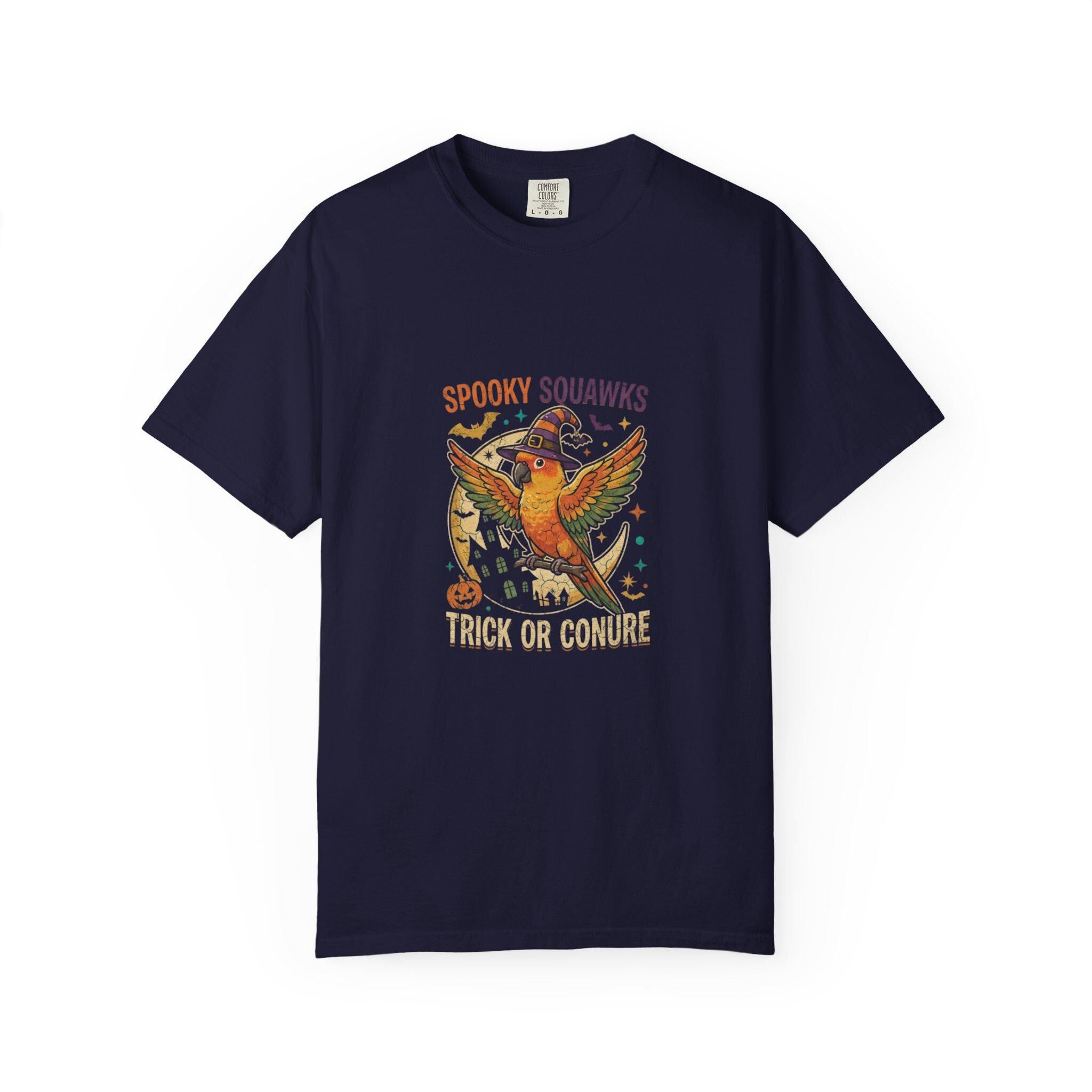 Sun Conure Halloween T-Shirt, Spooky Squawks Bird Lover Gift, Trick Or Conure Graphic, Funny Witch Hat Parrot Tee, Bird Mom Fall Outfit
