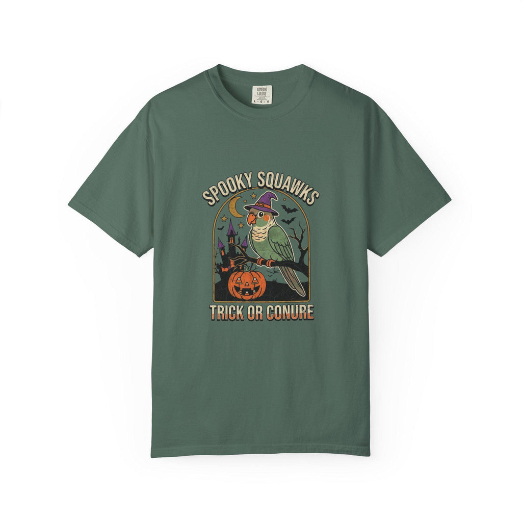 Green Cheeked Conure Halloween T-Shirt, Spooky Squawks Bird Lover Gift, Cute Witch Hat Parrot Costume, Funny Bird Mom Fall Graphic Tee