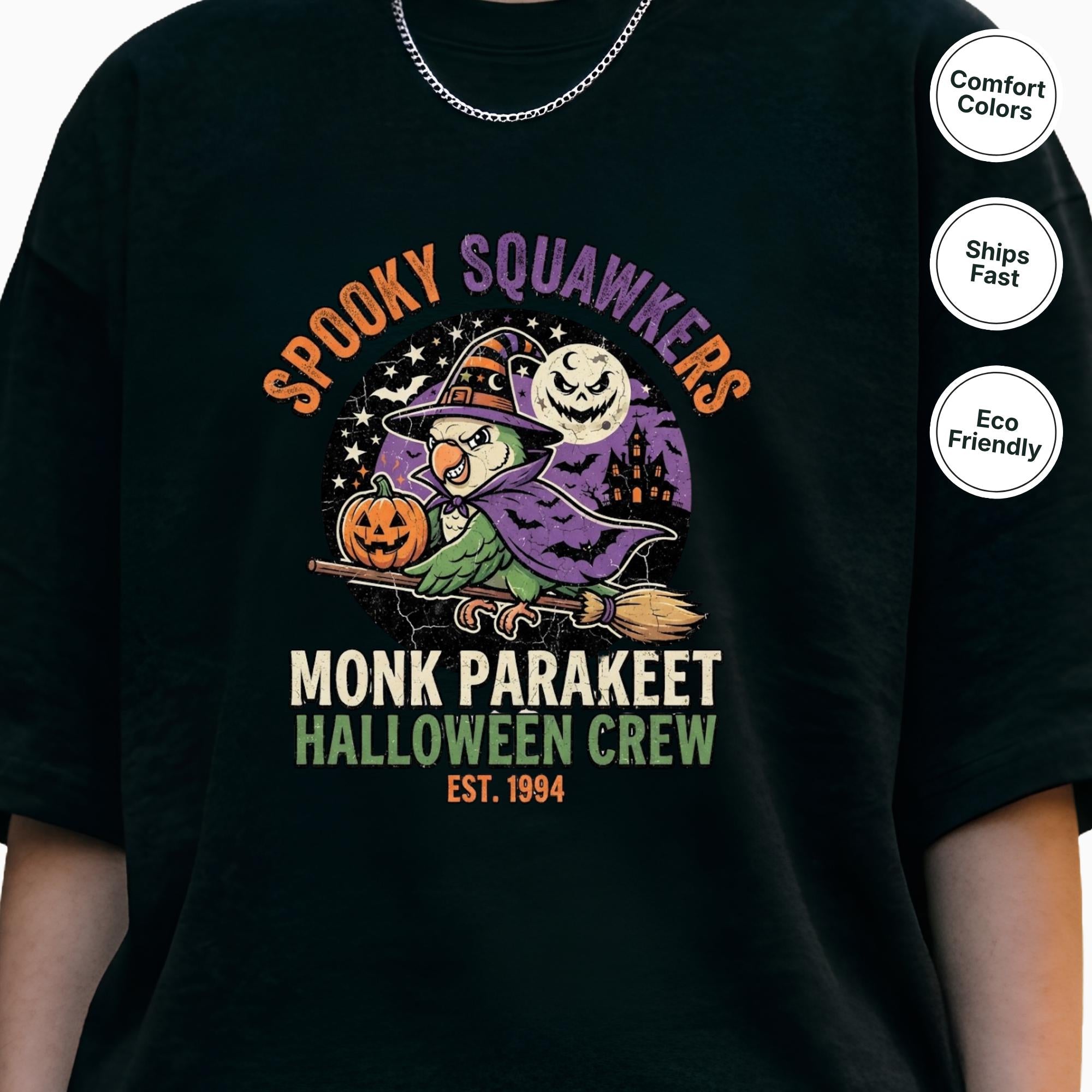 Monk Parakeet Halloween T-Shirt, Funny Spooky Squawkers Bird Lover Gift, Cute Witch Hat Parrot Costume, Bird Mom Fall Graphic Tee