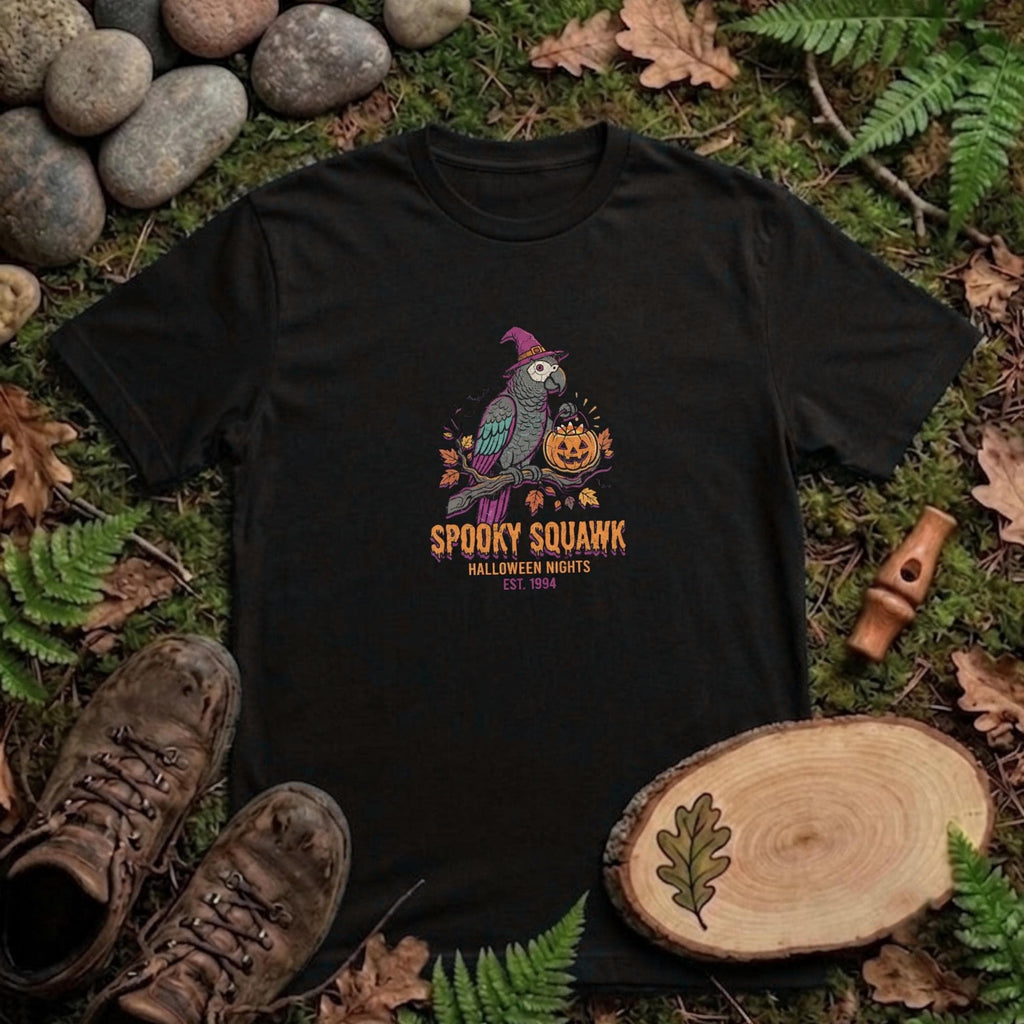 African Grey Parrot Halloween T-Shirt, Funny Spooky Squawk Bird Lover Gift, Cute Witch Hat Parrot Costume, Bird Mom Fall Graphic Tee