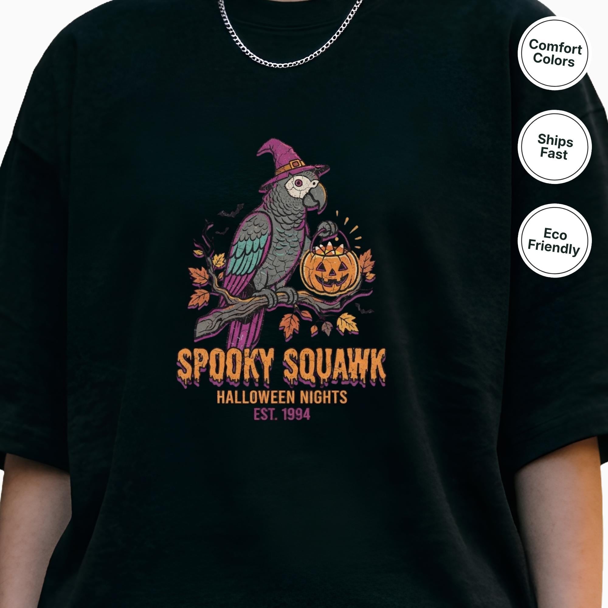 African Grey Parrot Halloween T-Shirt, Funny Spooky Squawk Bird Lover Gift, Cute Witch Hat Parrot Costume, Bird Mom Fall Graphic Tee