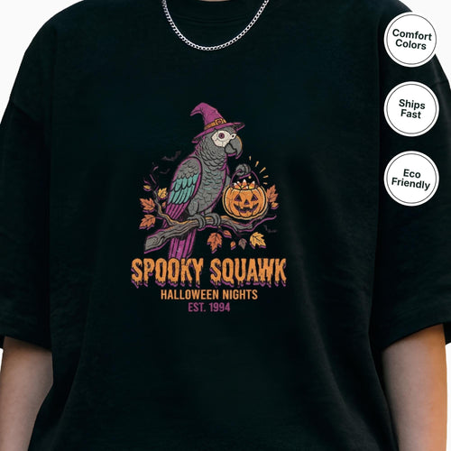 African Grey Parrot Halloween T-Shirt, Funny Spooky Squawk Bird Lover Gift, Cute Witch Hat Parrot Costume, Bird Mom Fall Graphic Tee