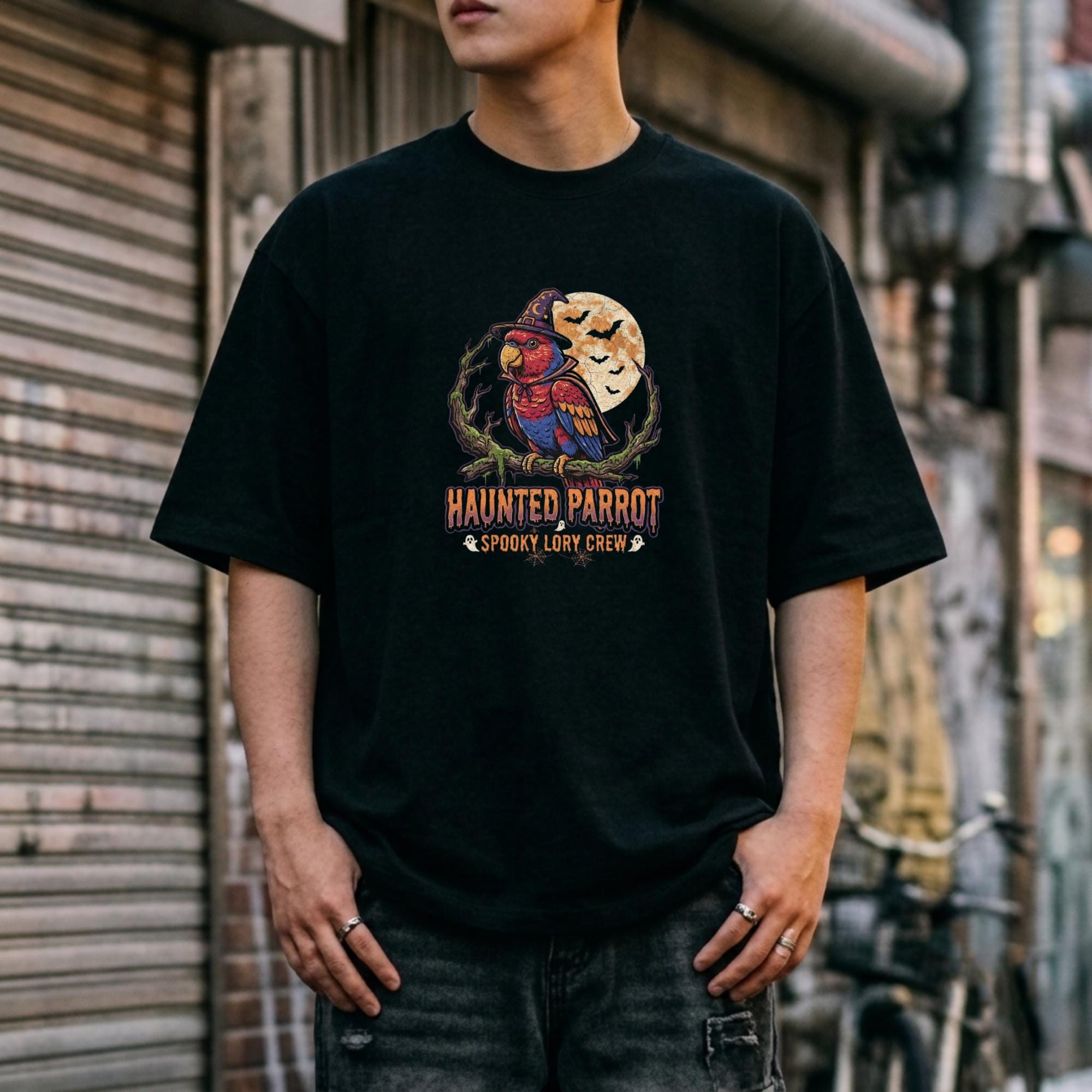Haunted Lory Parrot Halloween T-Shirt, Spooky Lory Crew Gift, Cute Witch Hat Parrot Costume, Bird Mom Fall Graphic Tee, Gothic Bird Lover