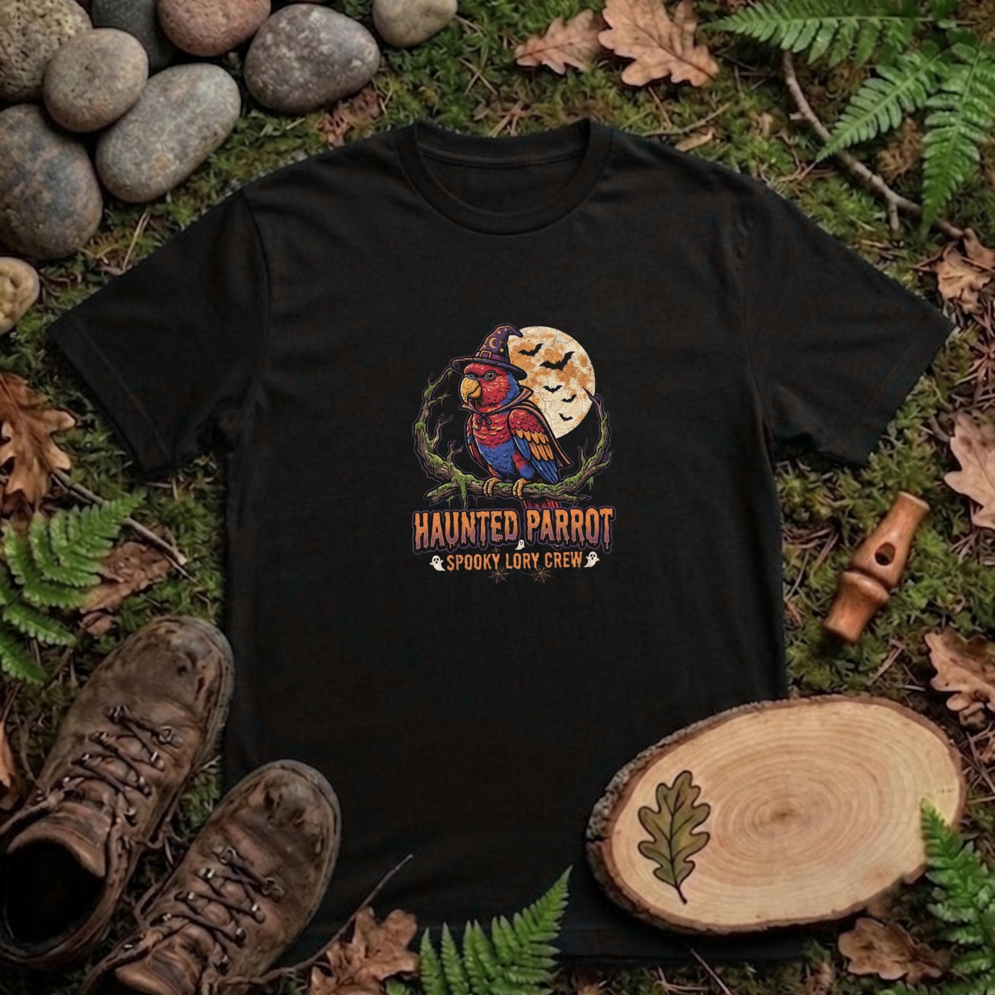 Haunted Lory Parrot Halloween T-Shirt, Spooky Lory Crew Gift, Cute Witch Hat Parrot Costume, Bird Mom Fall Graphic Tee, Gothic Bird Lover