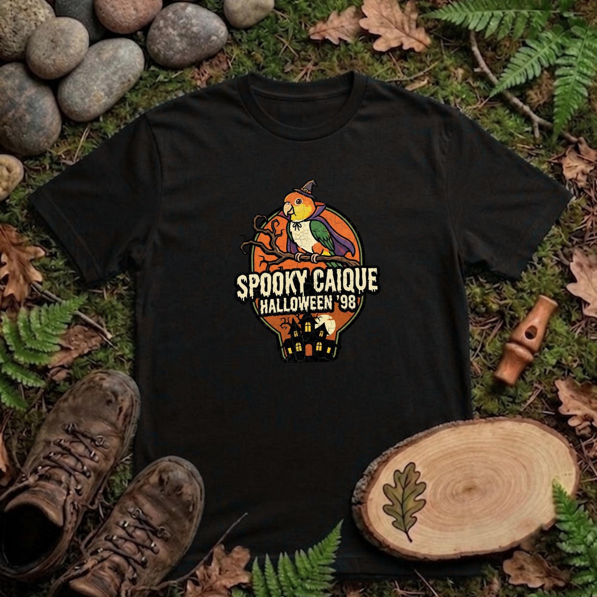 Spooky Caique Halloween T-Shirt, Cute Parrot Haunted House Graphic, Funny Bird Lover Gift, Bird Mom Fall Tee, Caique Parrot Costume