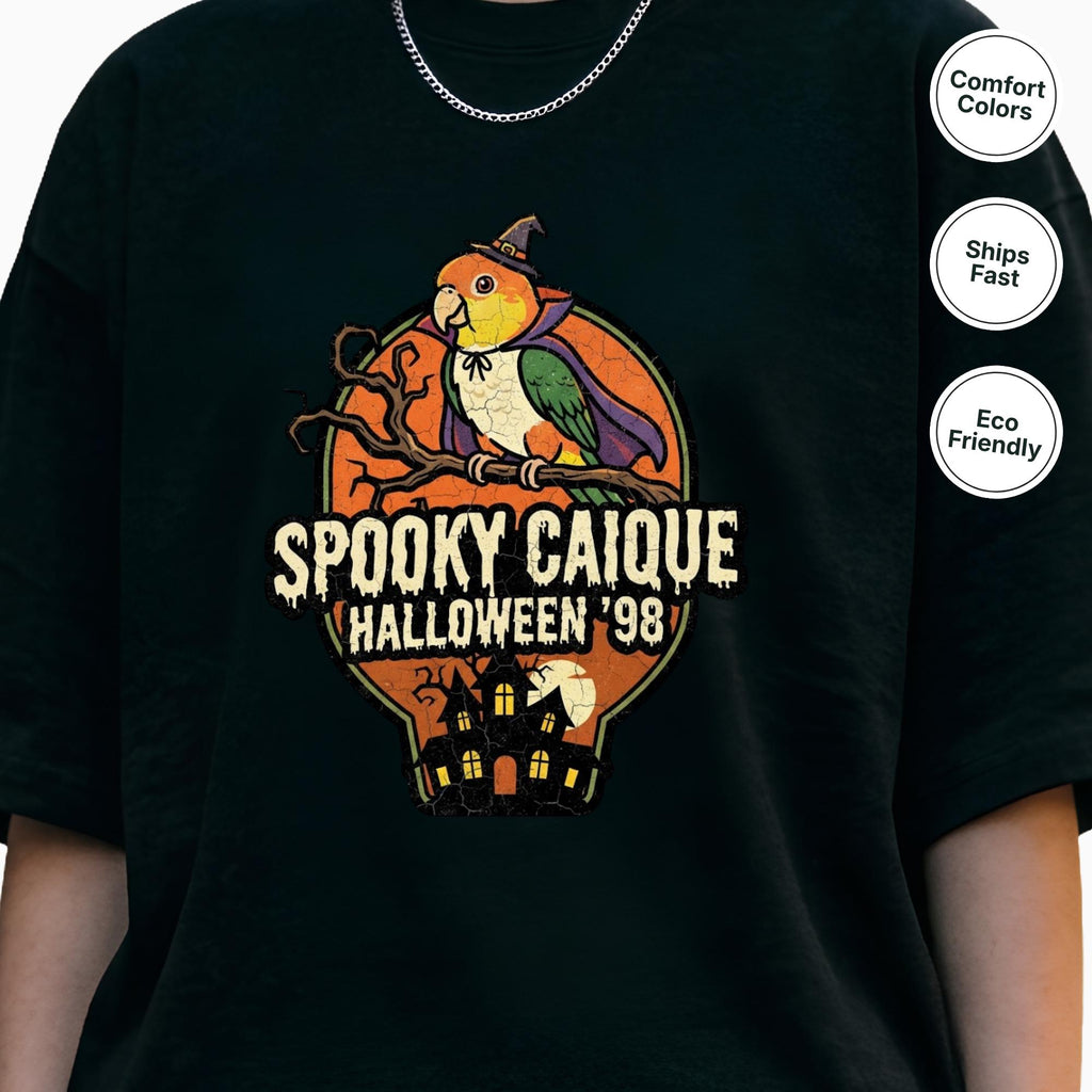 Spooky Caique Halloween T-Shirt, Cute Parrot Haunted House Graphic, Funny Bird Lover Gift, Bird Mom Fall Tee, Caique Parrot Costume