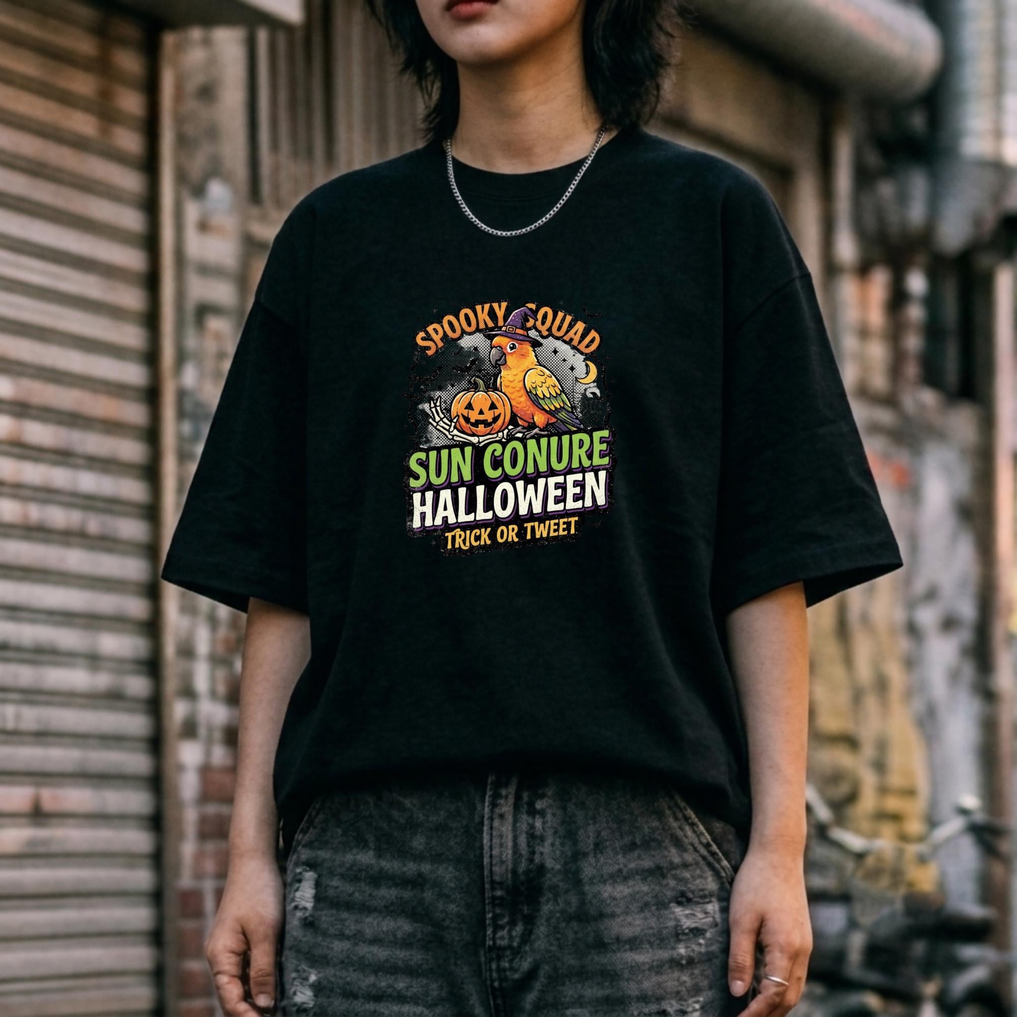 Sun Conure Halloween T-Shirt, Spooky Squad Bird Lover Gift, Cute Sun Conure Ghost Costume, Funny Bird Mom Fall Tee, Trick Or Tweet Graphic