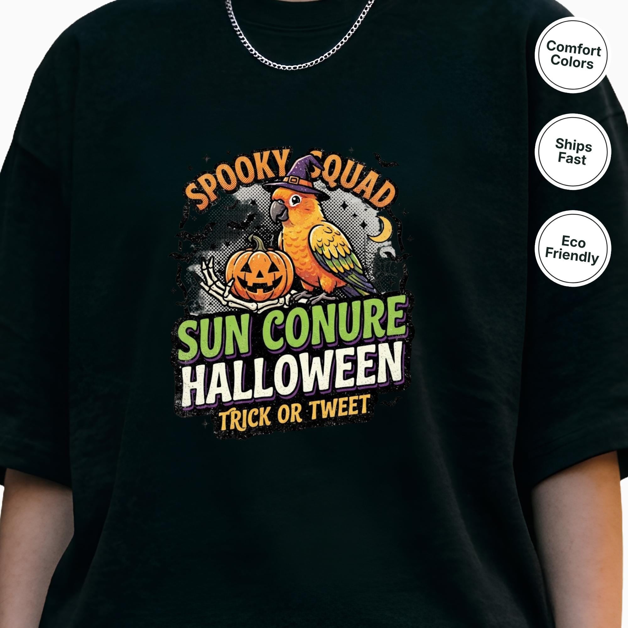 Sun Conure Halloween T-Shirt, Spooky Squad Bird Lover Gift, Cute Sun Conure Ghost Costume, Funny Bird Mom Fall Tee, Trick Or Tweet Graphic