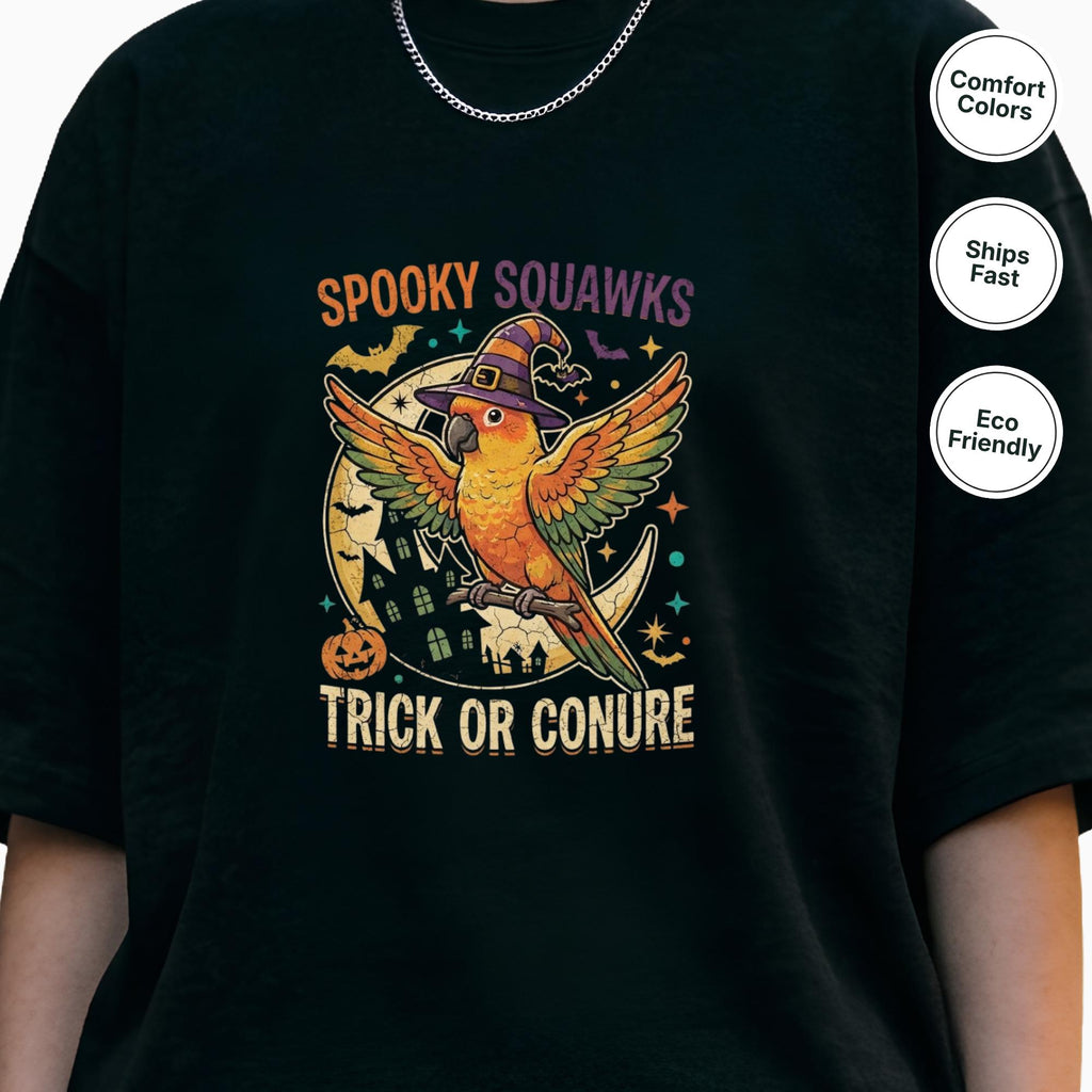 Sun Conure Halloween T-Shirt, Spooky Squawks Bird Lover Gift, Trick Or Conure Graphic, Funny Witch Hat Parrot Tee, Bird Mom Fall Outfit