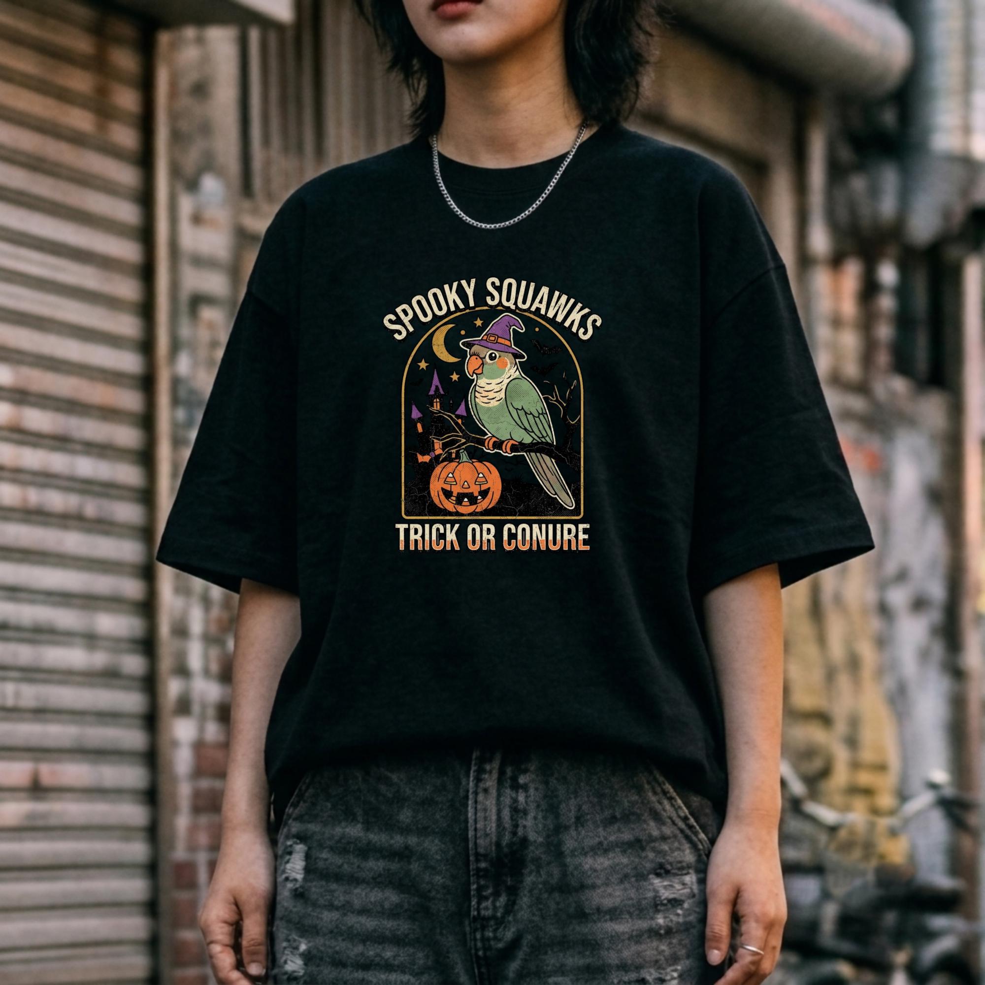 Green Cheeked Conure Halloween T-Shirt, Spooky Squawks Bird Lover Gift, Cute Witch Hat Parrot Costume, Funny Bird Mom Fall Graphic Tee