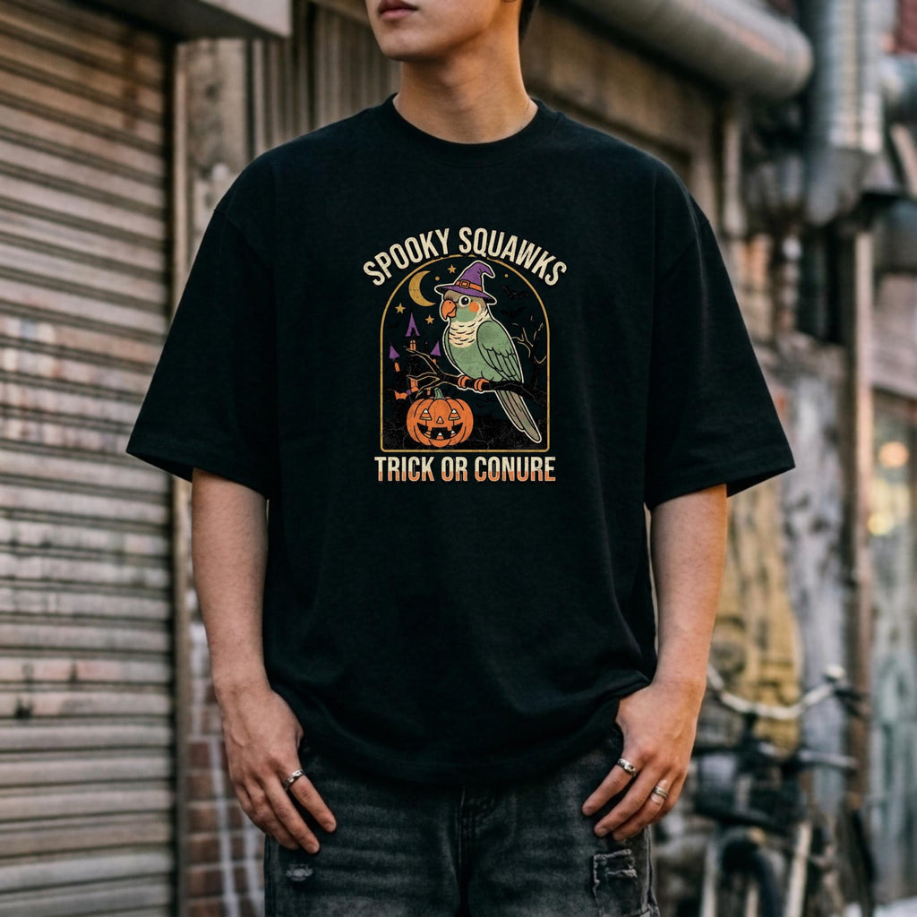 Green Cheeked Conure Halloween T-Shirt, Spooky Squawks Bird Lover Gift, Cute Witch Hat Parrot Costume, Funny Bird Mom Fall Graphic Tee
