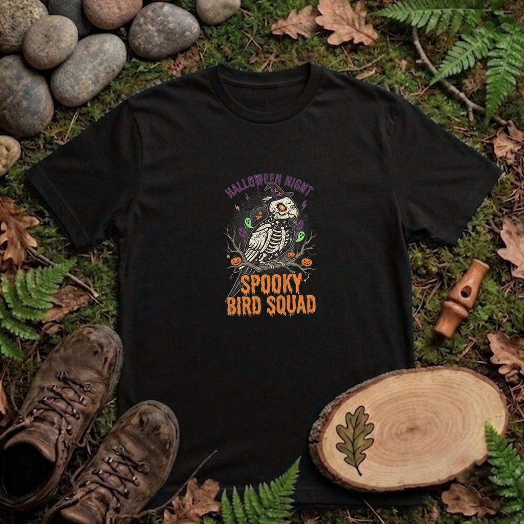 Spooky Bird Squad Halloween Shirt, Funny Skeleton Parrot Tee, Cute Bird Lover Gift, Spooky Season Graphic Tee, Halloween Party Apparel